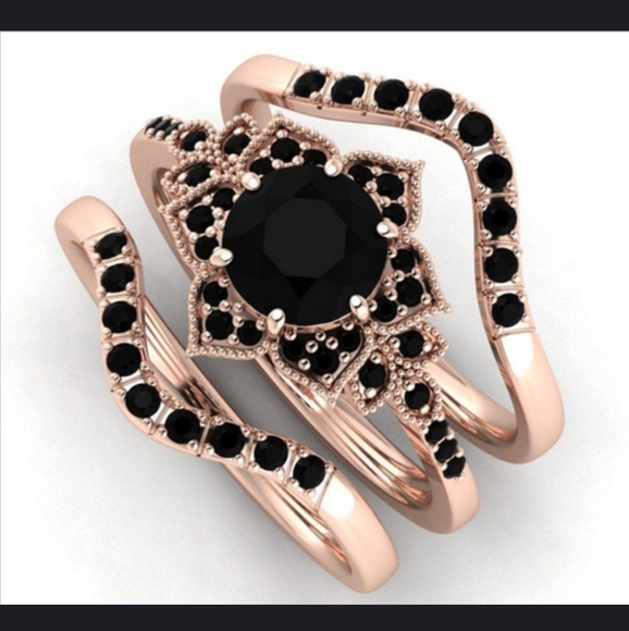 Jewelry - 💎3pc Black Zircon 18k Rose Gold Plated Engagement Ring Set